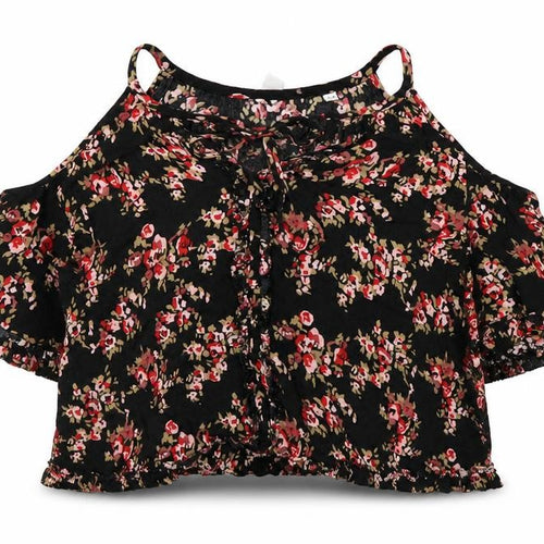AND/OR Womens Black Floral Cold Shoulder Blouse Size 12 Summer Top