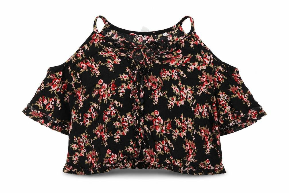 AND/OR Womens Black Floral Cold Shoulder Blouse Size 12 Summer Top