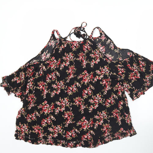AND/OR Womens Black Floral Cold Shoulder Blouse Size 12 Summer Top