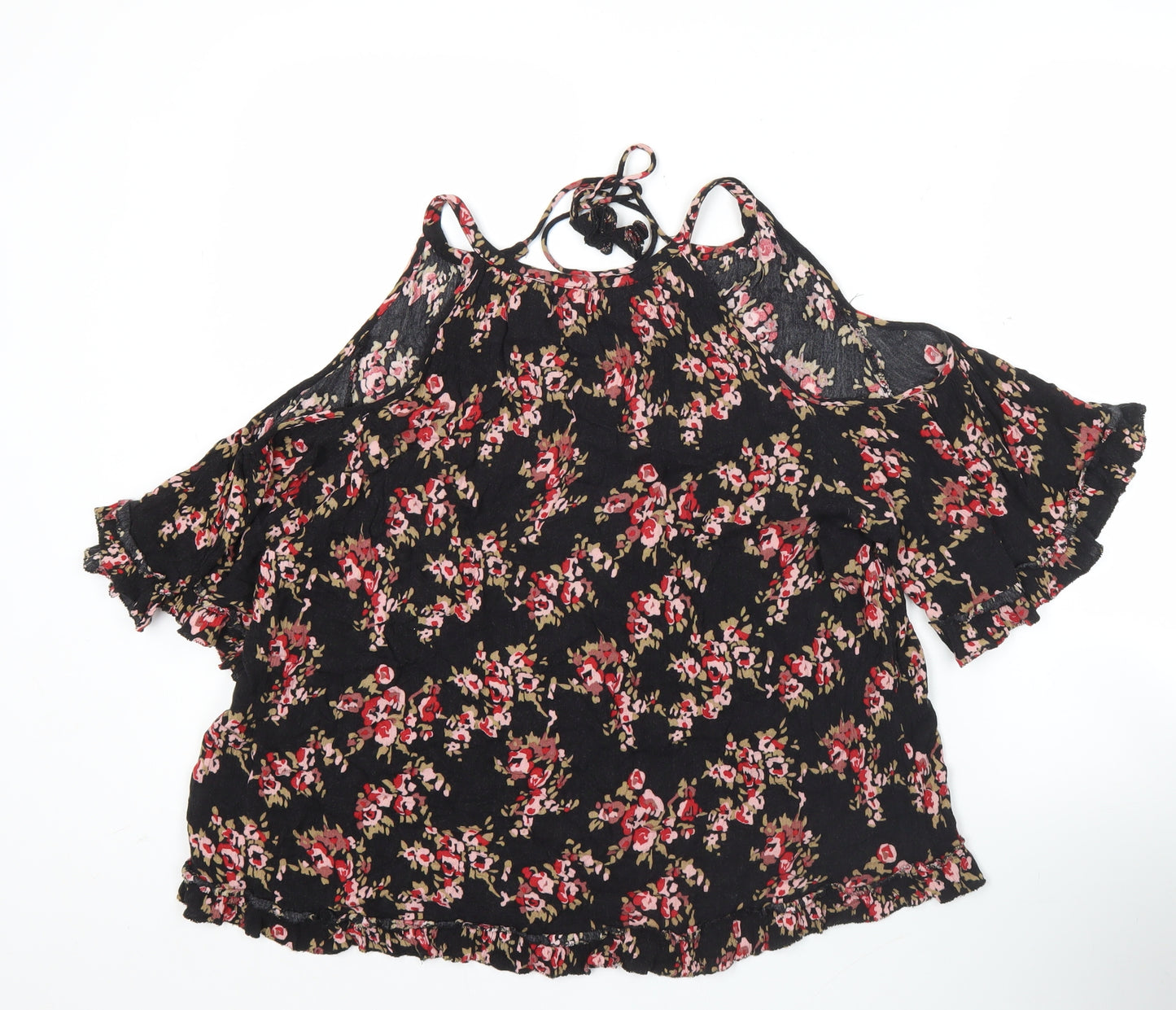 AND/OR Womens Black Floral Cold Shoulder Blouse Size 12 Summer Top