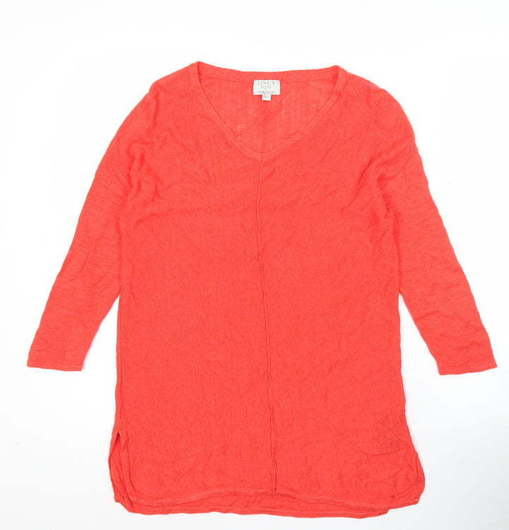 Monsoon Womens Red Linen Blend Tunic Blouse S Long Sleeve V-Neck