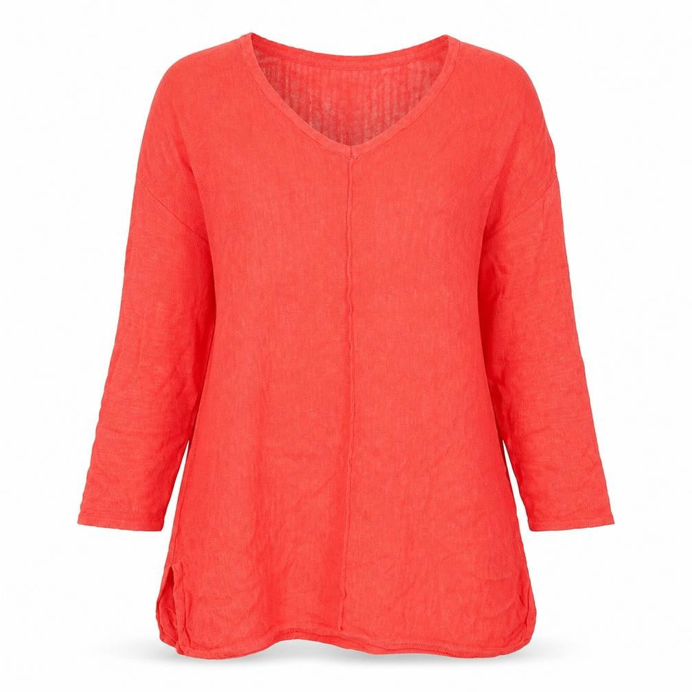 Front view of Monsoon women’s red linen blend tunic blouse s long sleeve v-neck