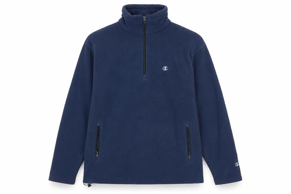 Front view of Champion men’s blue fleece sweatshirt l high neck pullover