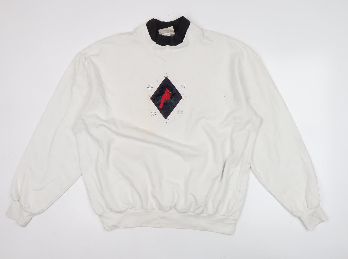 Decorated Originals Women’s White XL Sweatshirt Embroidered Bird Winter Pullover