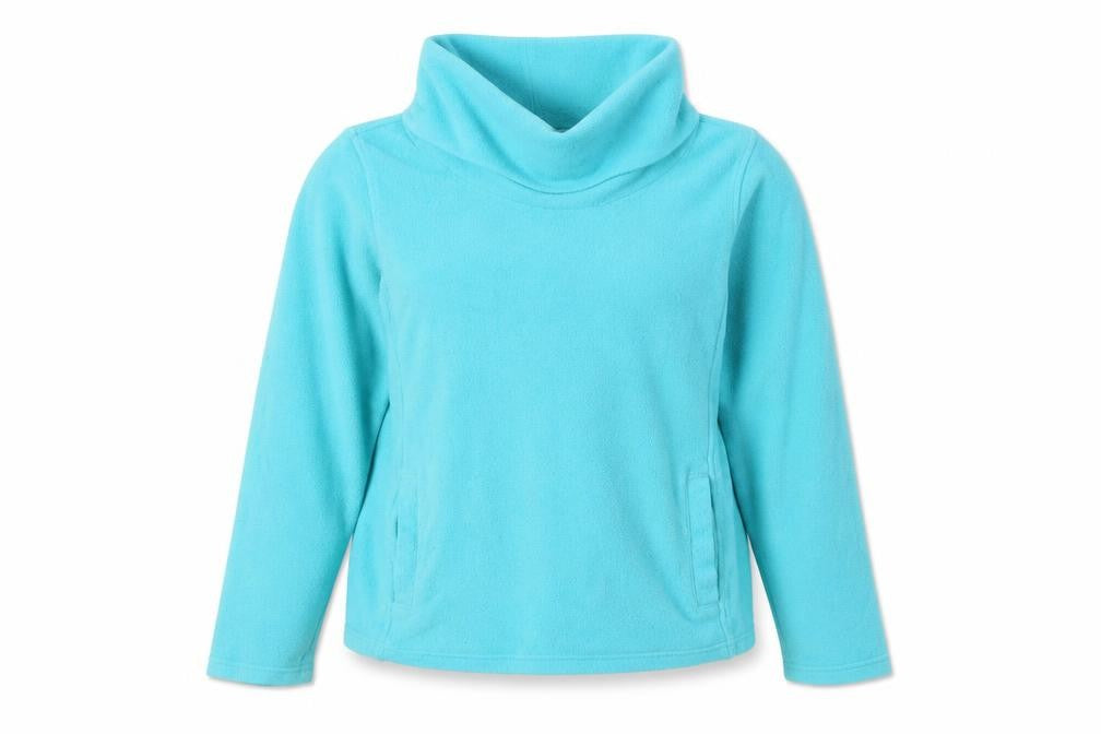 Front view of Cotton Traders Women’s Blue, size UK 12, Cowl Neck Pullover Fleece Sweatshirt