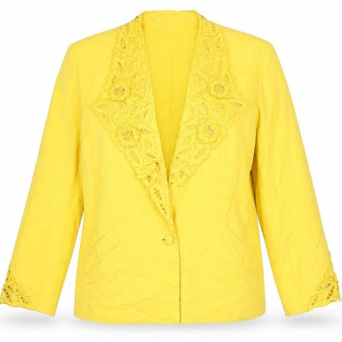 Dino Valiano Womens Yellow Blazer Jacket Size 16 Rayon Linen Vintage