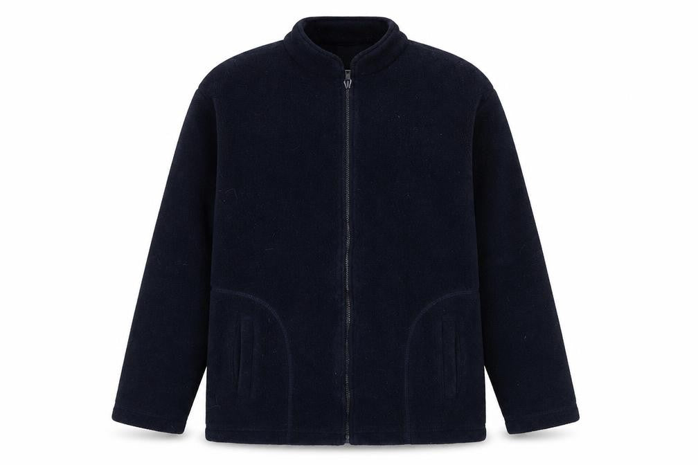 Front view of Senior Men's Blue Fleece Zip Jacket, size S, 35in Chest