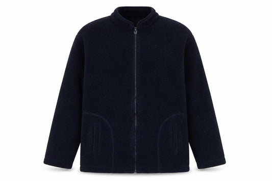 Front view of Senior Men's Blue Fleece Zip Jacket, size S, 35in Chest