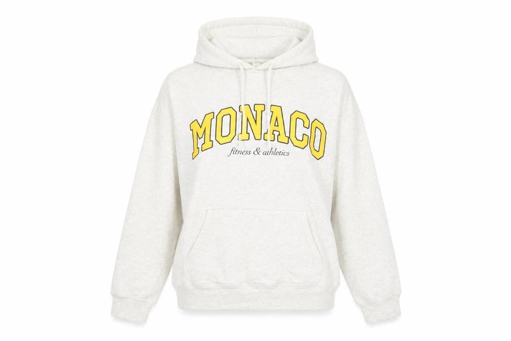 Front view of H&M women’s grey hoodie xs monaco print pullover sweatshirt