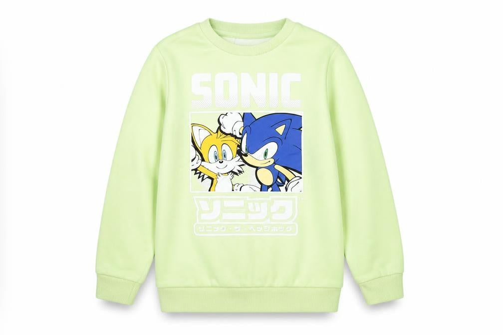 Front view of Sonic The Hedgehog boys’ green sweatshirt 7-8 years pullover crew neck