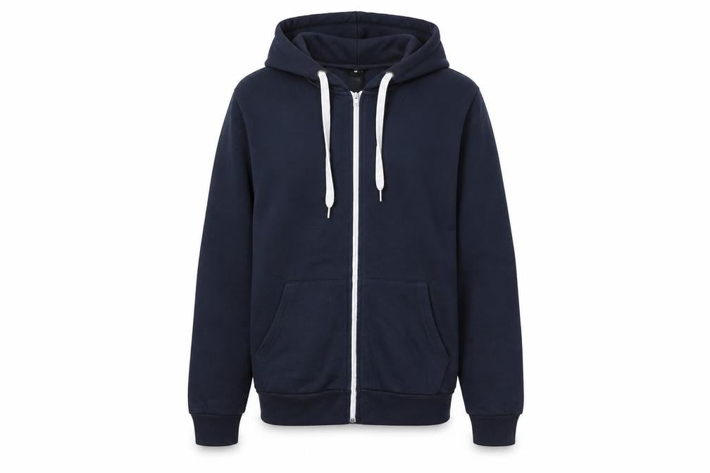 Front view of R.W.C Men's Blue Small Full Zip Hoodie with Pockets