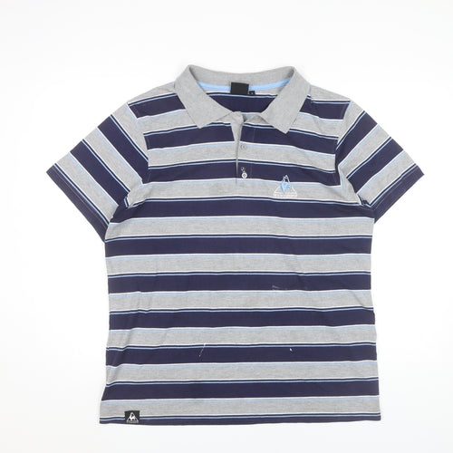 Le Coq Sportif Men’s Grey Blue Striped Polo Shirt Size L