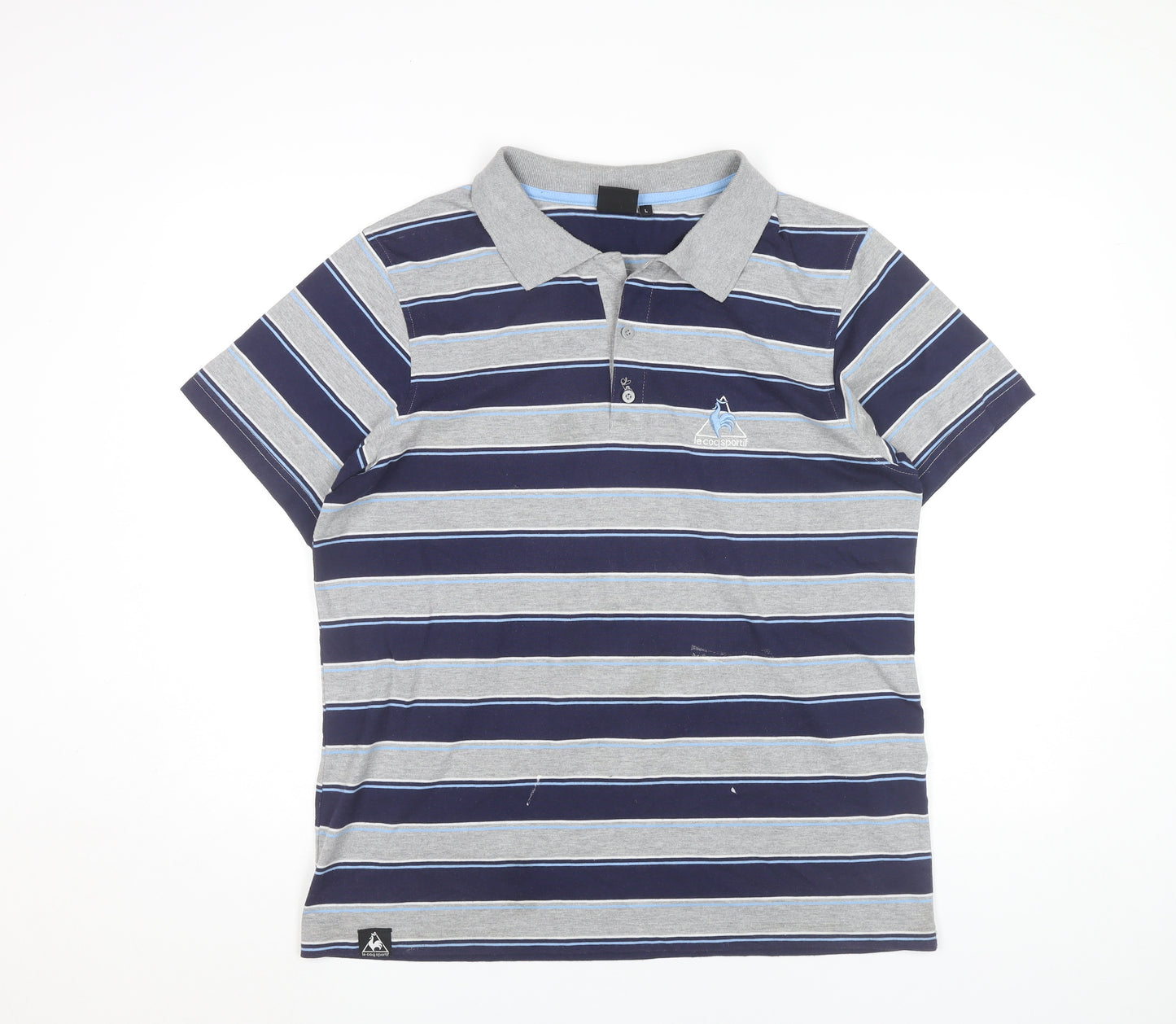 Le Coq Sportif Men’s Grey Blue Striped Polo Shirt Size L