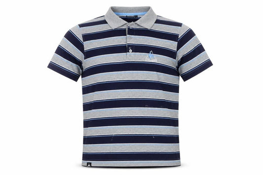 Front view of Le Coq Sportif Men’s Grey Blue Striped Polo Shirt, size L