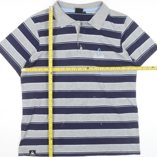 Le Coq Sportif Men’s Grey Blue Striped Polo Shirt Size L