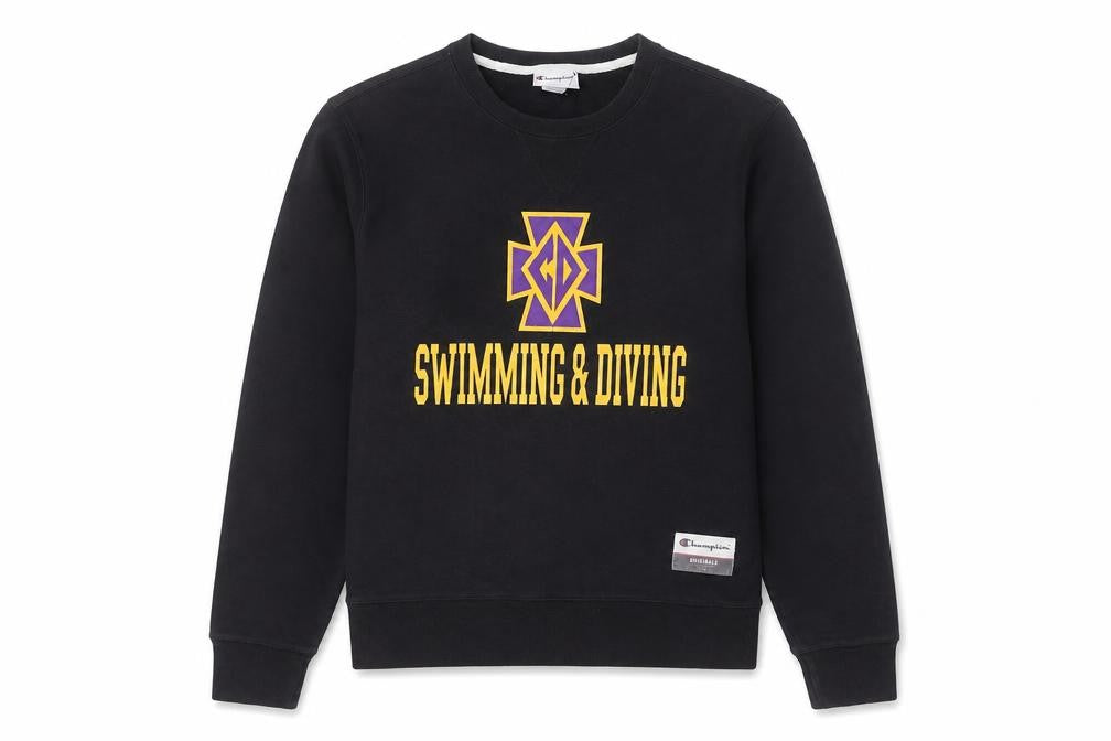 Front view of Champion Men’s Black Small Pullover Sweatshirt Swimming & Diving Graphic