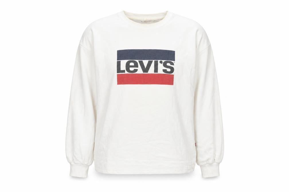 Front view of Levi's Women's White Small Logo Pullover Sweatshirt Long Sleeve