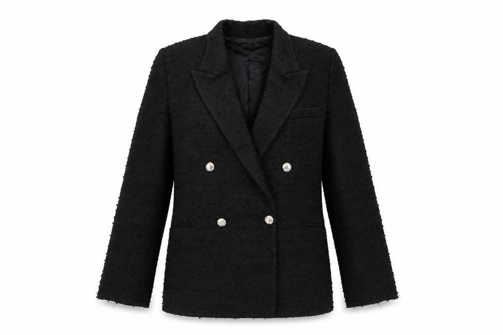 Front view of Zara women’s black blazer xs mid-length classic button jacket