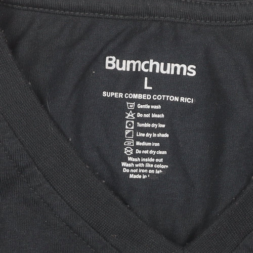 Bumchums Men’s Black Long Sleeve V-Neck Cotton T-Shirt Size L