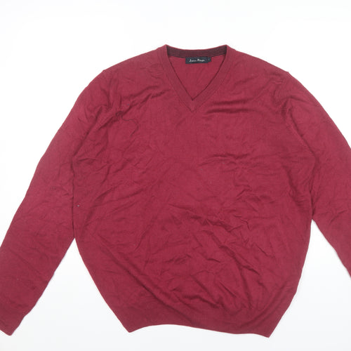 James Pringle Men’s Red V-Neck Knit Jumper L Long Sleeve Pullover