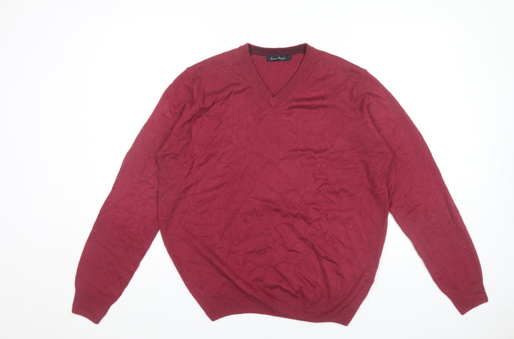 James Pringle Men’s Red V-Neck Knit Jumper L Long Sleeve Pullover