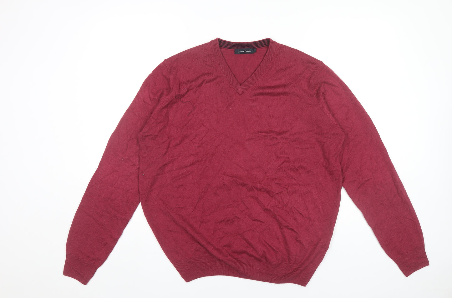 James Pringle Men’s Red V-Neck Knit Jumper L Long Sleeve Pullover