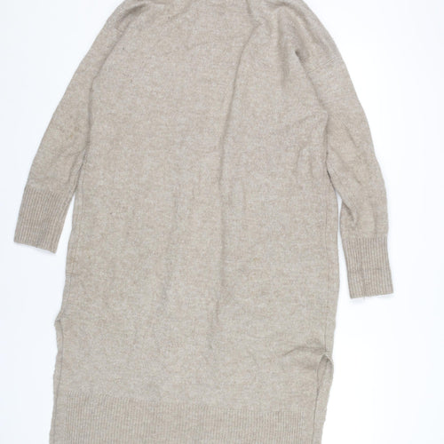 H&M Women’s Beige Cardigan XS Longline Knit Open Front Pockets