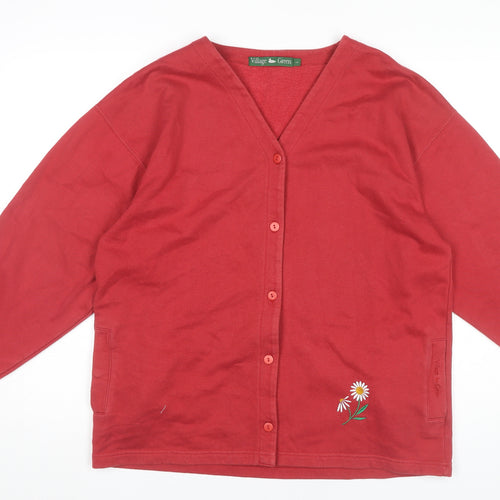 Village Green Womens Red Cotton Cardigan L Embroidered V-Neck
