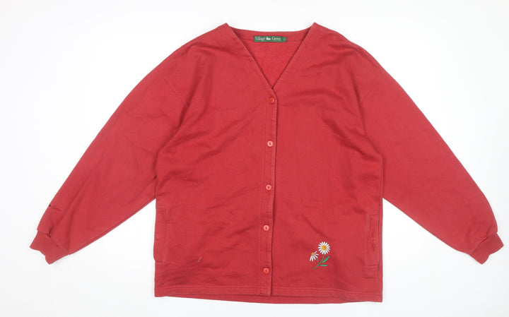 Village Green Womens Red Cotton Cardigan L Embroidered V-Neck