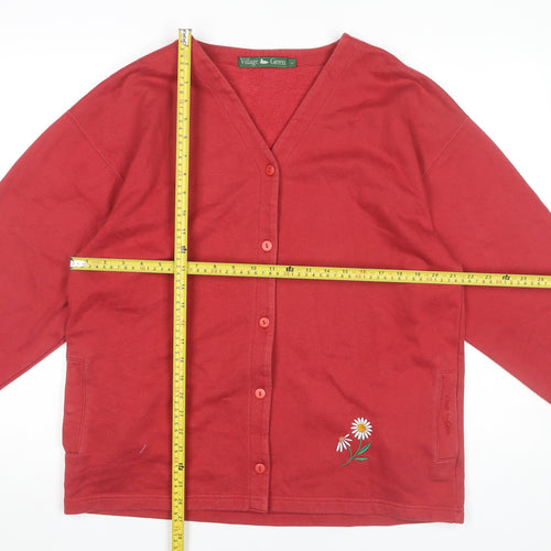 Village Green Womens Red Cotton Cardigan L Embroidered V-Neck