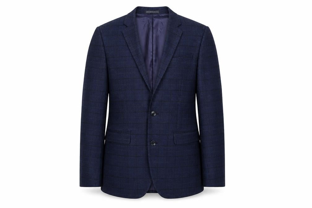 Front view of Primark Men’s Blue Checked Slim Fit Blazer Jacket 38L Notch Lapel