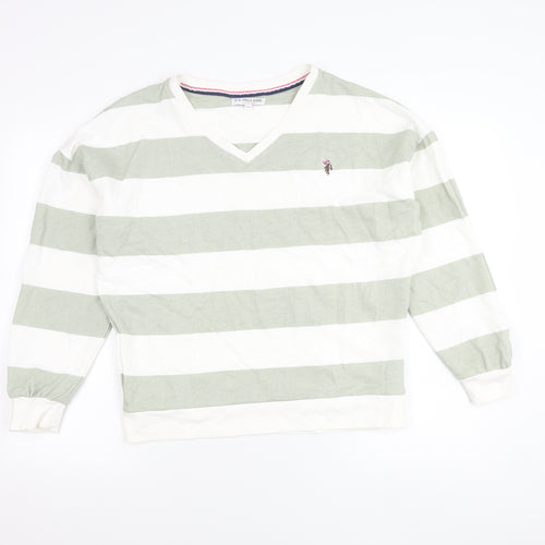 U.S. Polo Assn. Womens Green White Striped V-Neck Sweatshirt Size 10