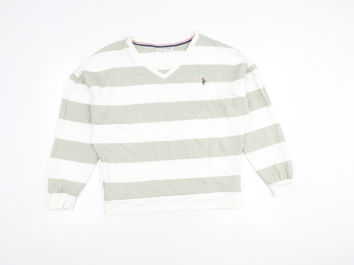 U.S. Polo Assn. Womens Green White Striped V-Neck Sweatshirt Size 10
