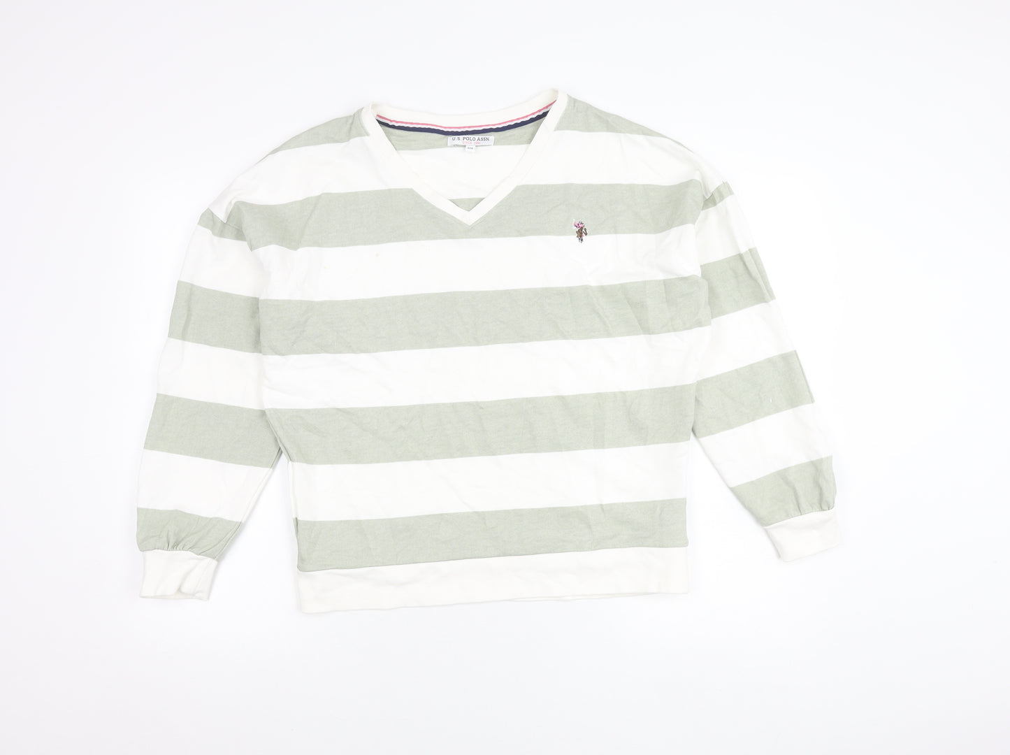 U.S. Polo Assn. Womens Green White Striped V-Neck Sweatshirt Size 10