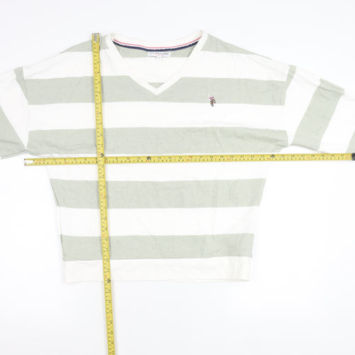 U.S. Polo Assn. Womens Green White Striped V-Neck Sweatshirt Size 10