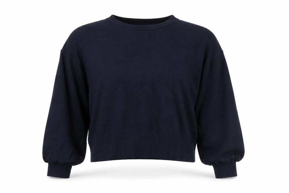 Front view of Monki women’s blue crew neck puff sleeve jumper, size UK 12