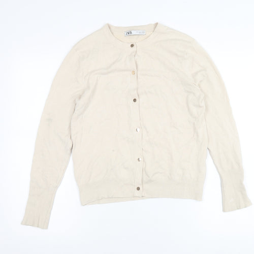 Zara Women’s Beige Cardigan L Long Sleeve Crew Neck Knit