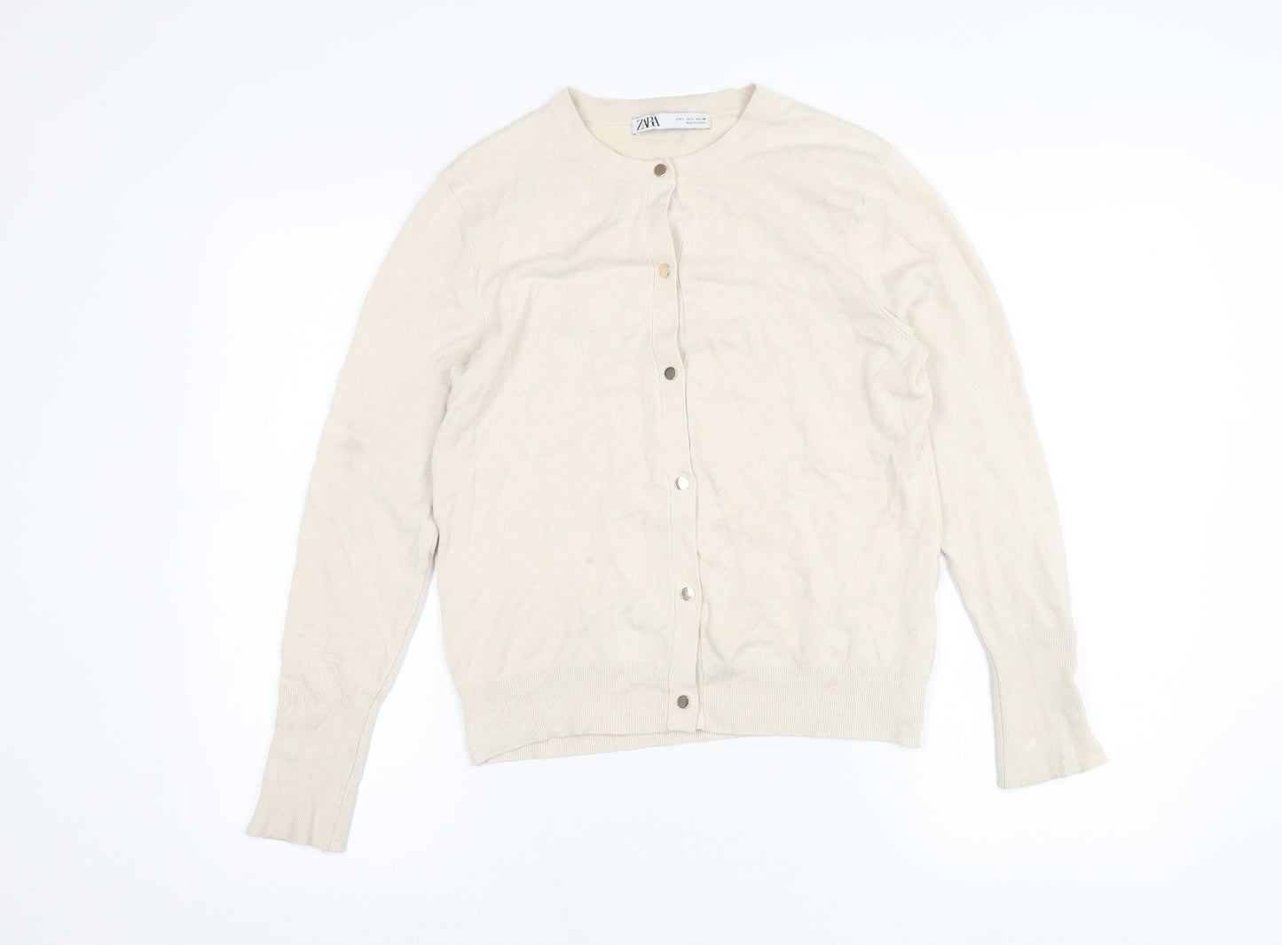 Zara Women’s Beige Cardigan L Long Sleeve Crew Neck Knit
