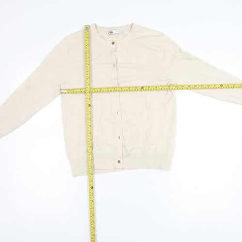 Zara Women’s Beige Cardigan L Long Sleeve Crew Neck Knit