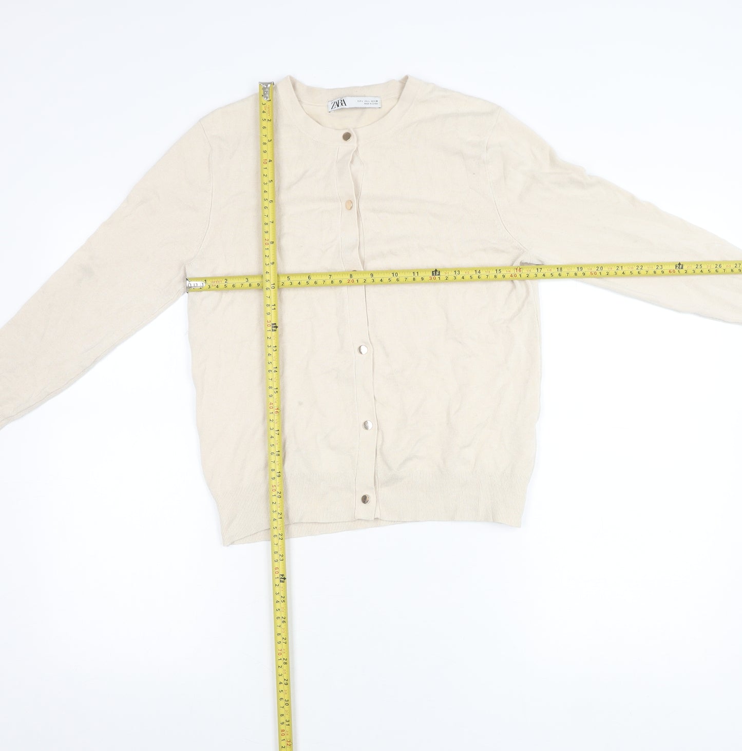 Zara Women’s Beige Cardigan L Long Sleeve Crew Neck Knit