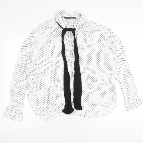 Zara Women White Polka Dot Blouse L Long Sleeve Collared Chiffon