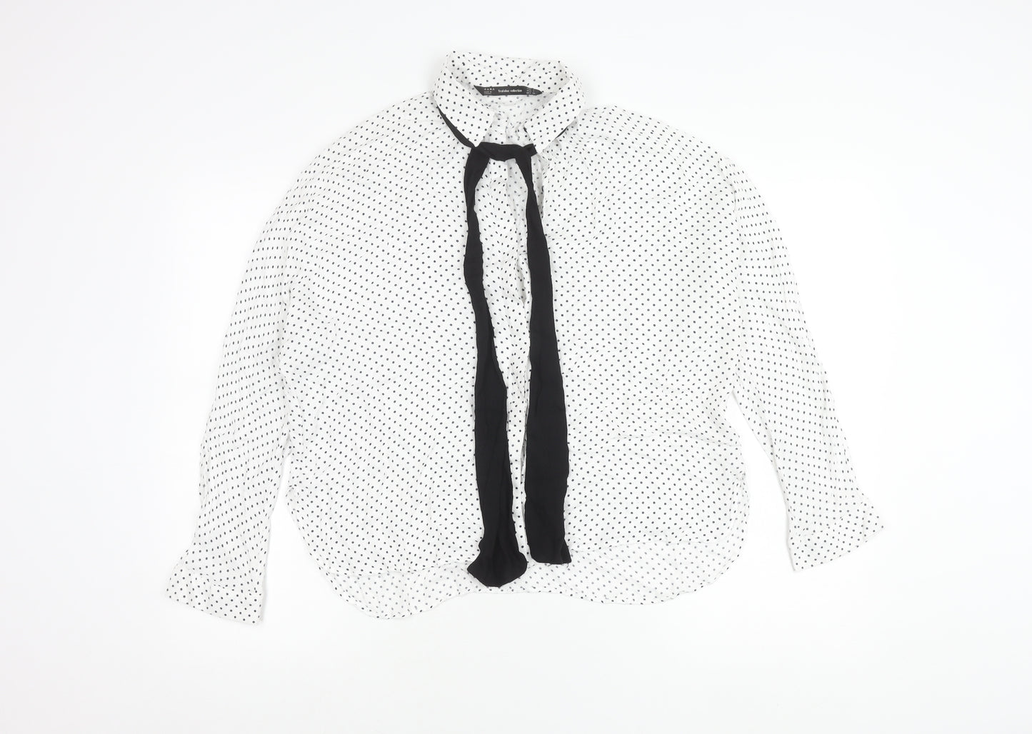Zara Women White Polka Dot Blouse L Long Sleeve Collared Chiffon