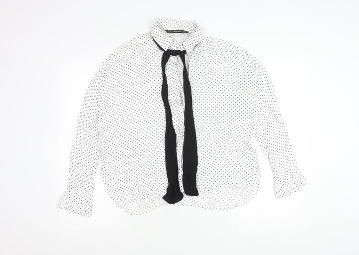 Zara Women White Polka Dot Blouse L Long Sleeve Collared Chiffon