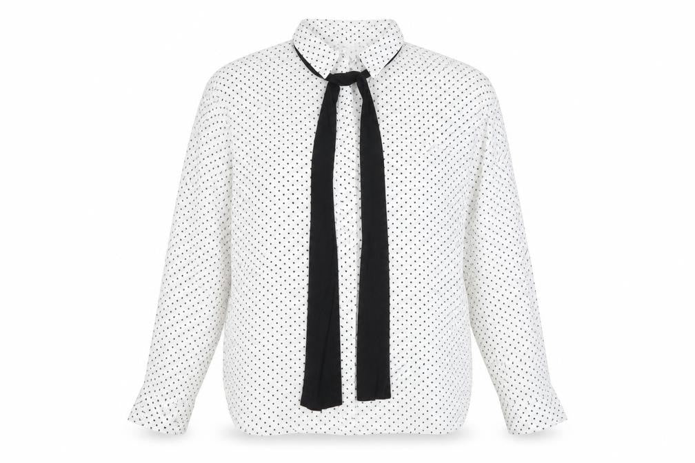 Front view of Zara Women White Polka Dot Blouse L Long Sleeve Collared Chiffon