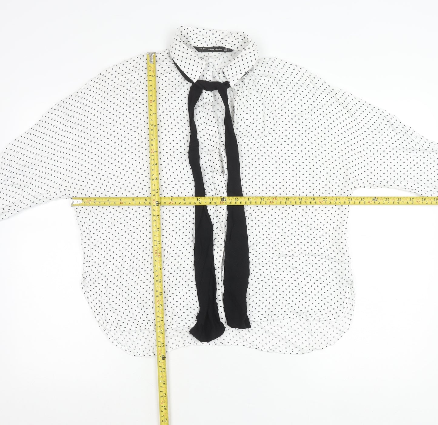 Zara Women White Polka Dot Blouse L Long Sleeve Collared Chiffon