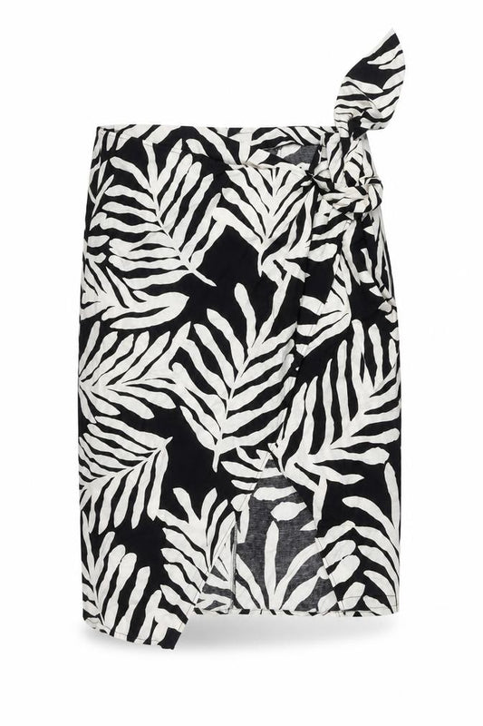 Front view of H&M Women’s Black Animal Print Wrap Midi Skirt, size UK 22, Linen Blend