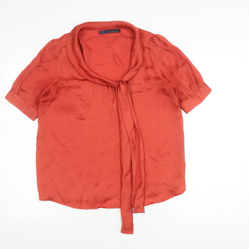 Zara Basic Women’s Red Satin Blouse M Puff Sleeve Tie Neck