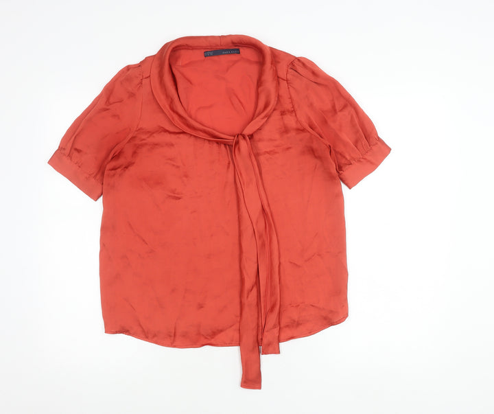 Zara Basic Women’s Red Satin Blouse M Puff Sleeve Tie Neck