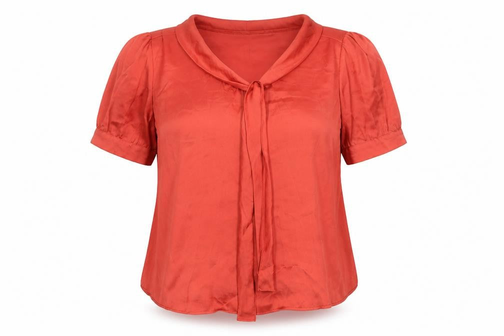 Front view of Zara Basic Women’s Red Satin Blouse M Puff Sleeve Tie Neck