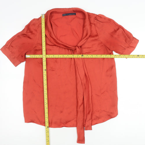 Zara Basic Women’s Red Satin Blouse M Puff Sleeve Tie Neck